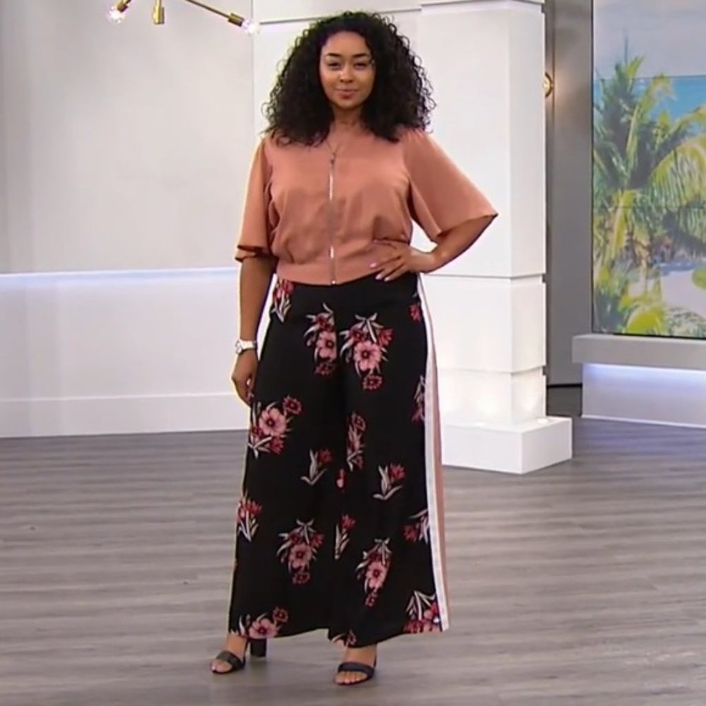 Eva Longoria Floral Ribbon Stripe Wide Leg Crepe Trouser Pant Black Pink 6 - Picture 12 of 12